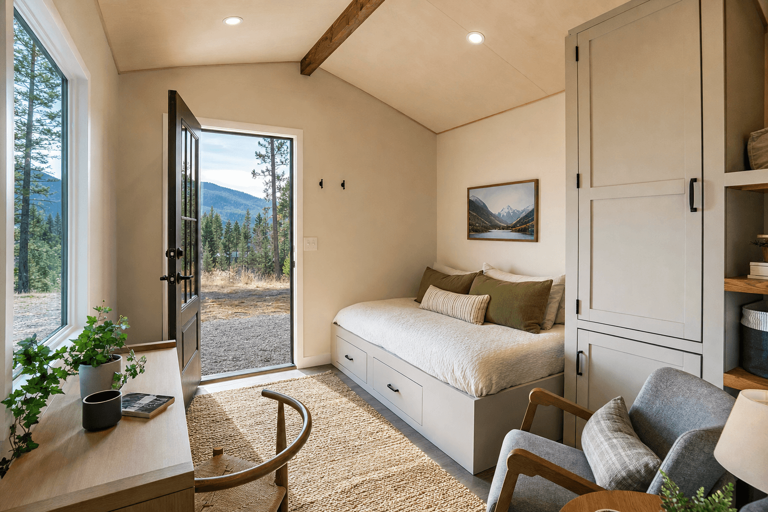 Interior of a backyard guest house showing a queen bed, a sitting corner, and a small kitchenette