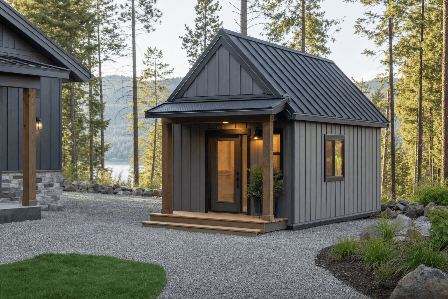 Custom backyard guest house with a porch and windows built on a North Idaho property