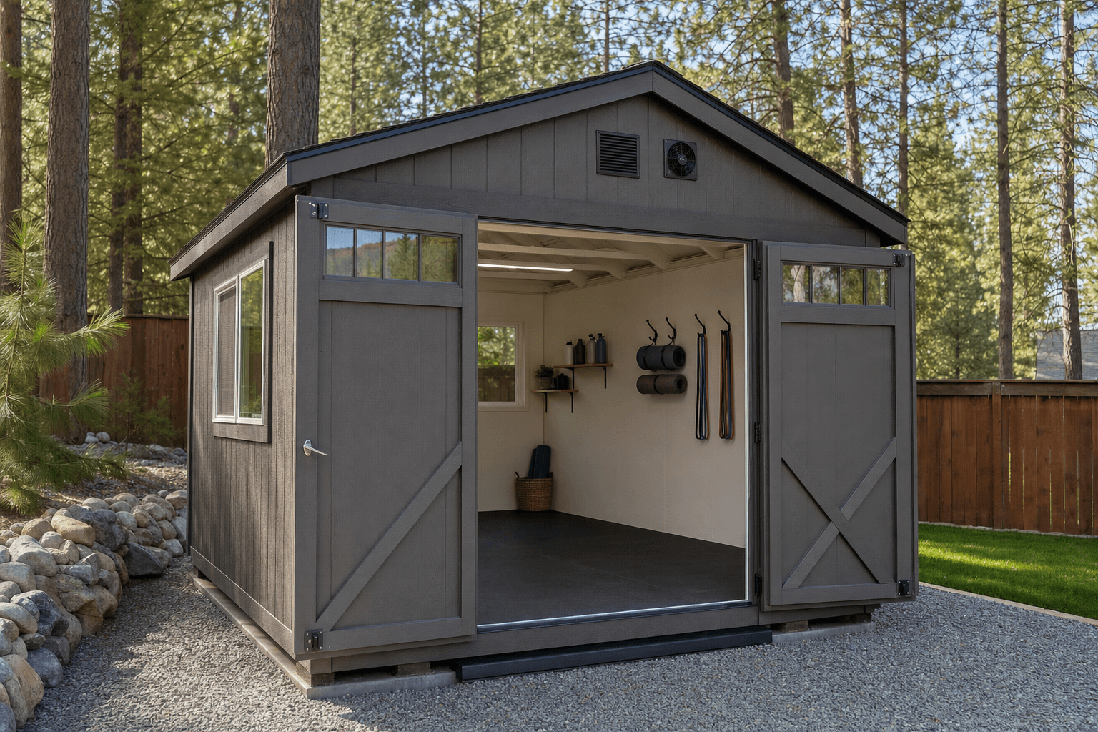 Backyard home gym shed with a power rack and rubber flooring on a North Idaho gravel pad