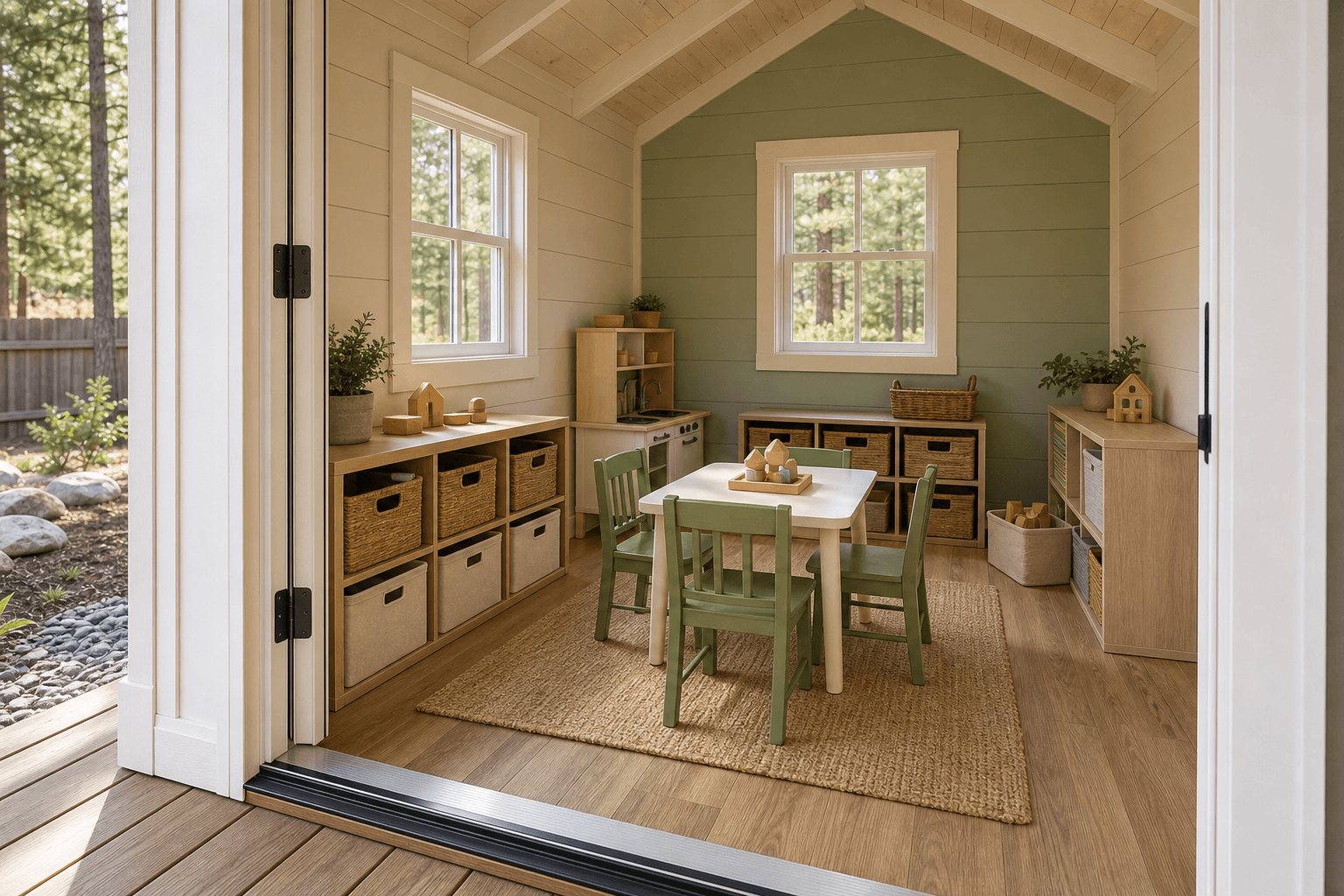 Bright playhouse interior with a play kitchen, low shelves of toy bins, a small table, and a soft mat on the floor