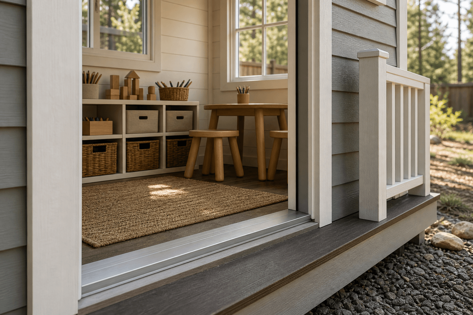 Close-up of a playhouse window with a rounded, sanded sill, a screen, and a low latch a child can reach safely