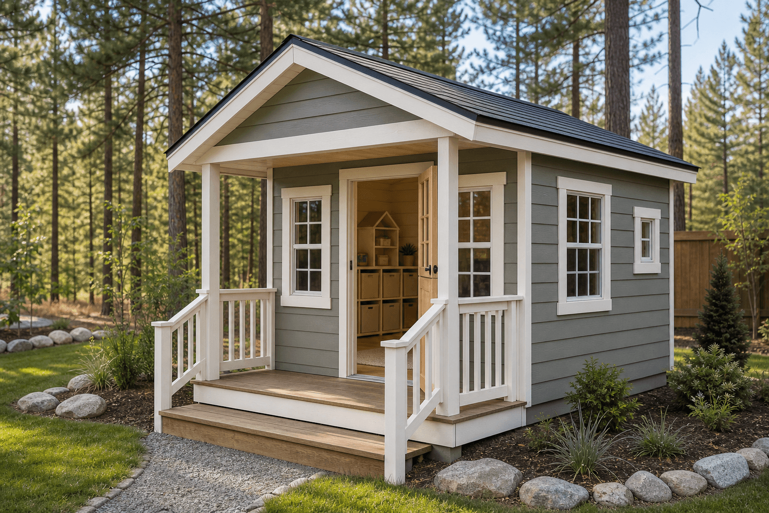Child-sized backyard playhouse with a low door, flower-box windows, and a small porch on a gravel pad in a North Idaho yard