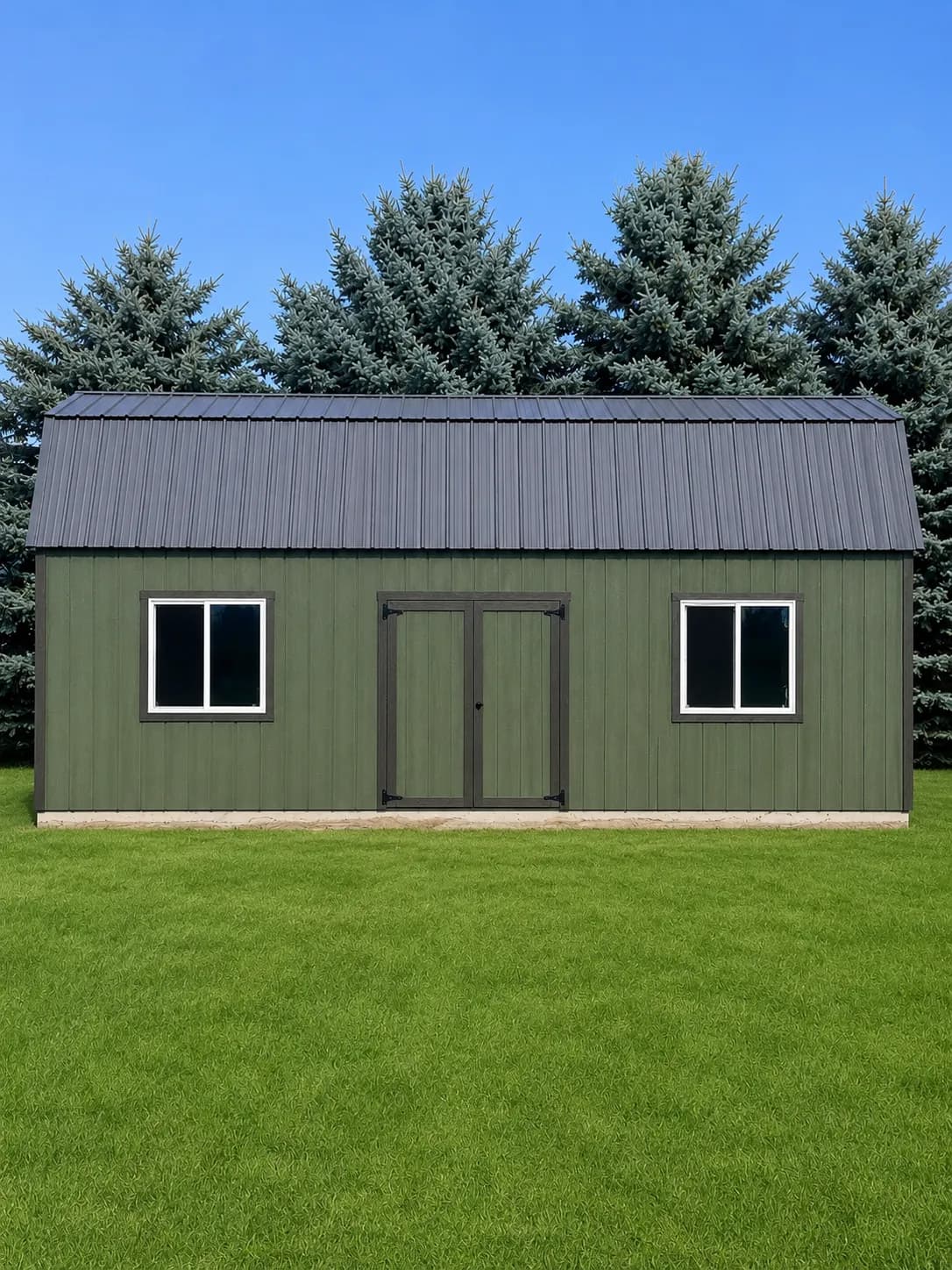 lofted barn storage shed with two windows in a green back yard