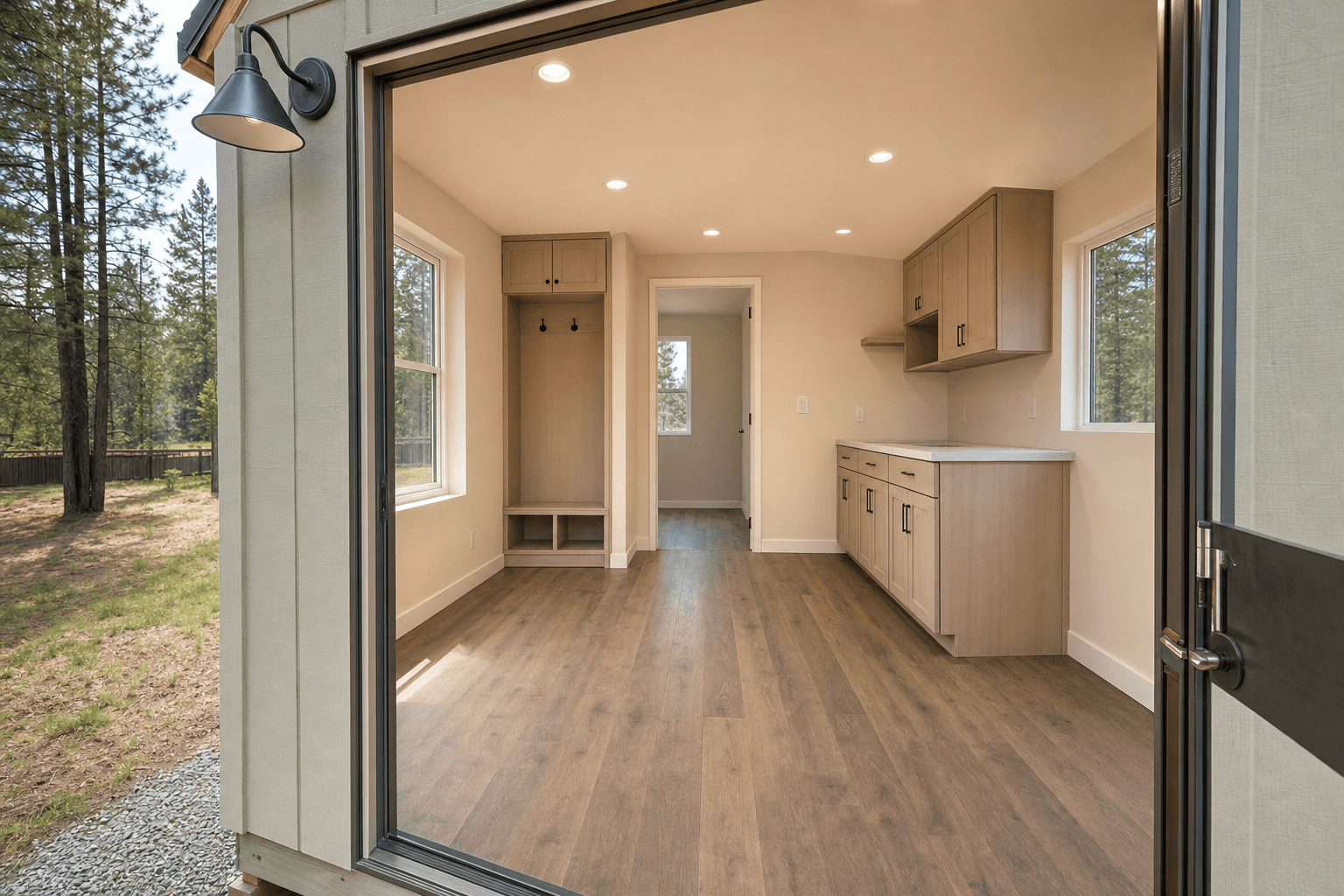 Interior of a finished one-bedroom ADU showing a full kitchen, a living area, and a doorway to a bathroom