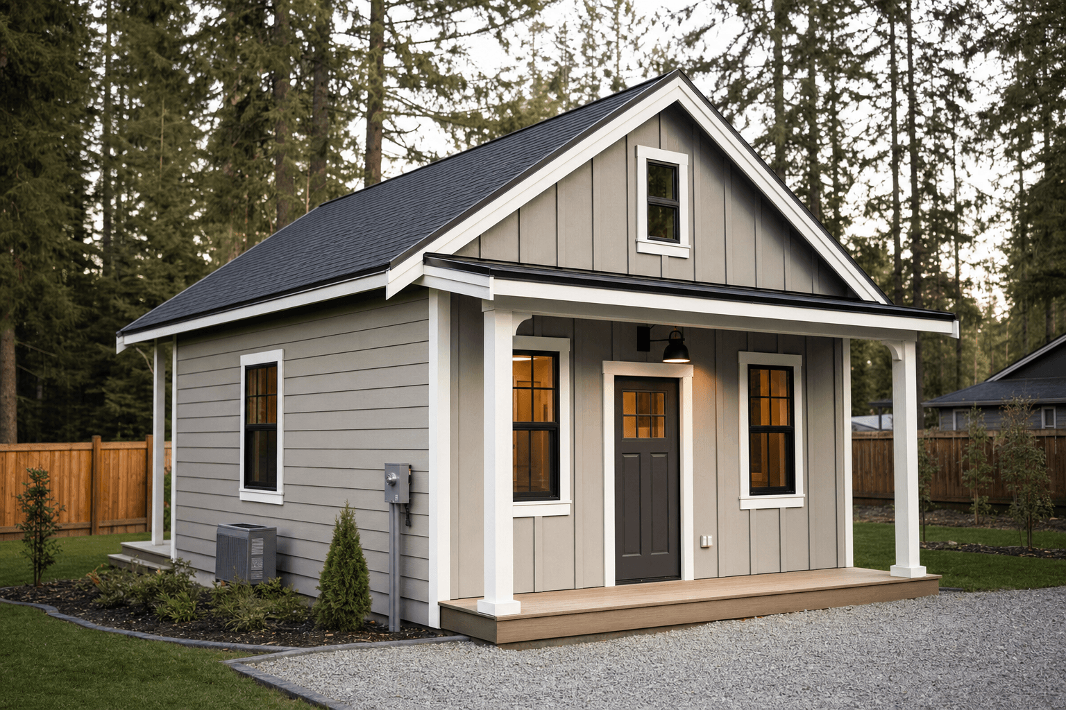 A custom gable shed with lap siding on a landscaped golf-course lot in the Avondale community on Hayden Lake near Hayden, North Idaho