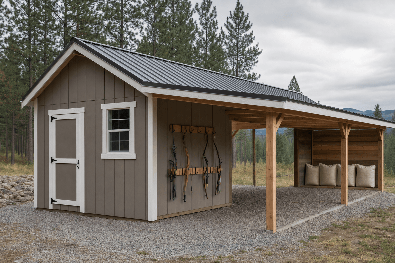 Covered archery practice bay attached to a custom shed on a gravel pad