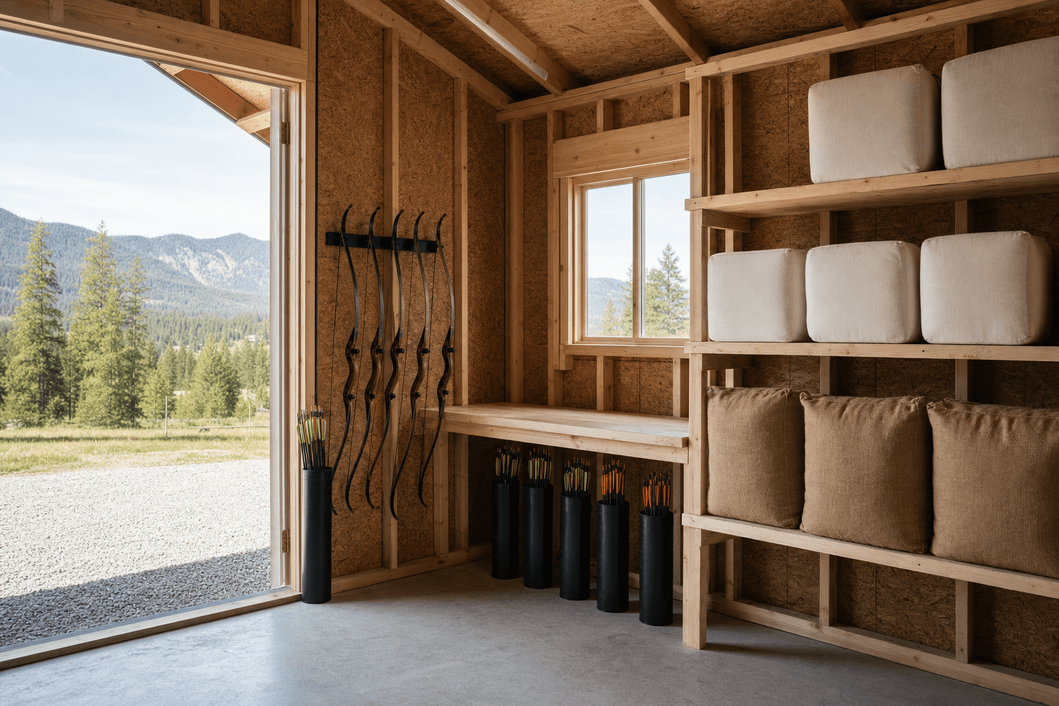 Archery storage shed interior with bow hooks, shelves, and blank target bags