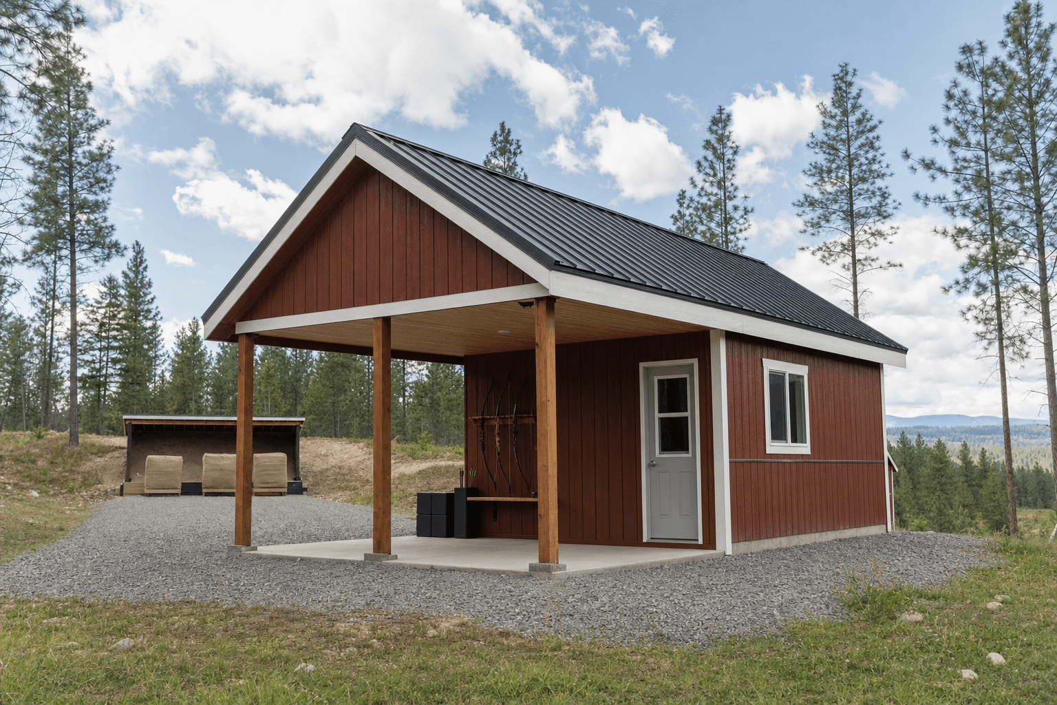 Custom gable archery range shed with covered practice lane in a pine clearing
