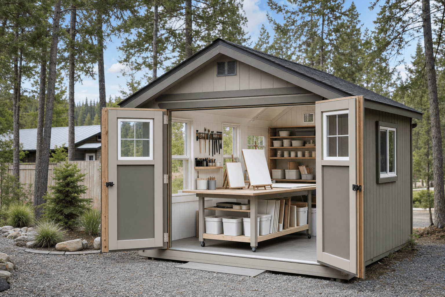 Bright art studio shed interior with natural light, durable work table, blank supply bins, wall storage, ventilation, and North Idaho shed context