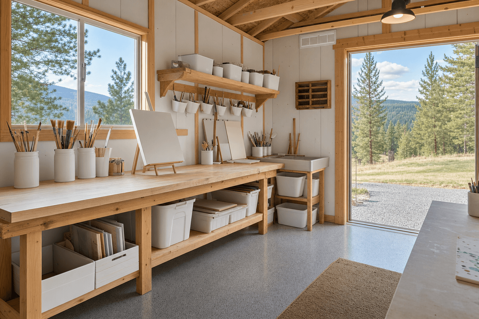 Art studio shed detail with wall storage, blank supply containers, work surface, natural light, ventilation, and durable flooring