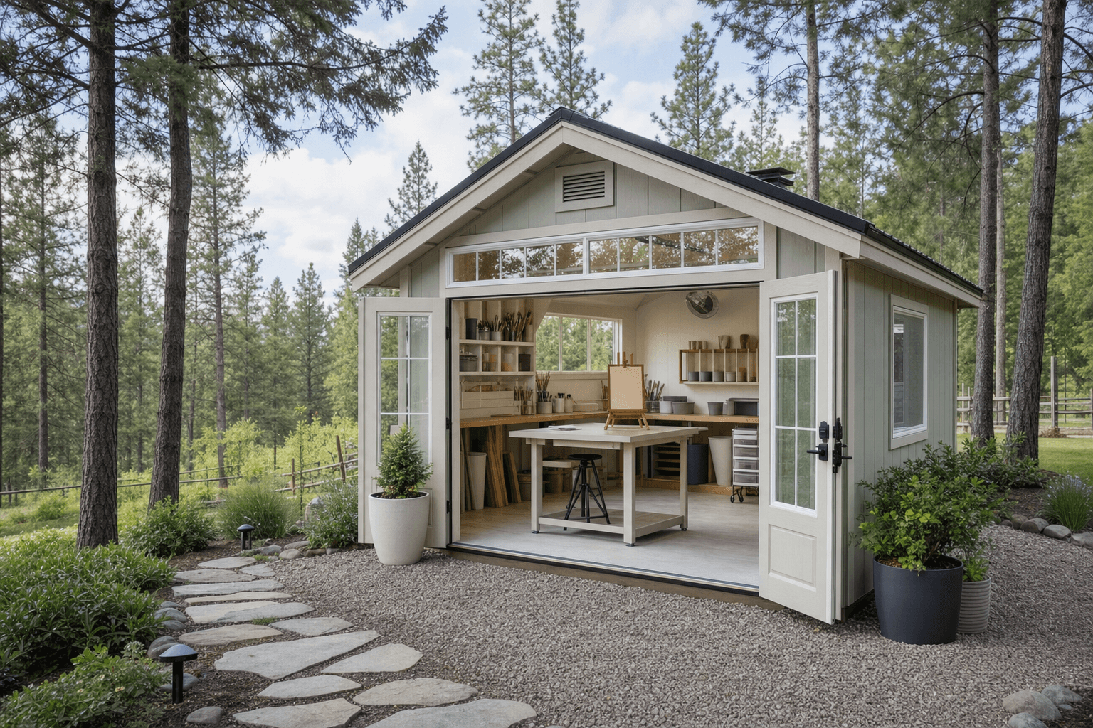 Bright North Idaho backyard art studio shed with natural light, work tables