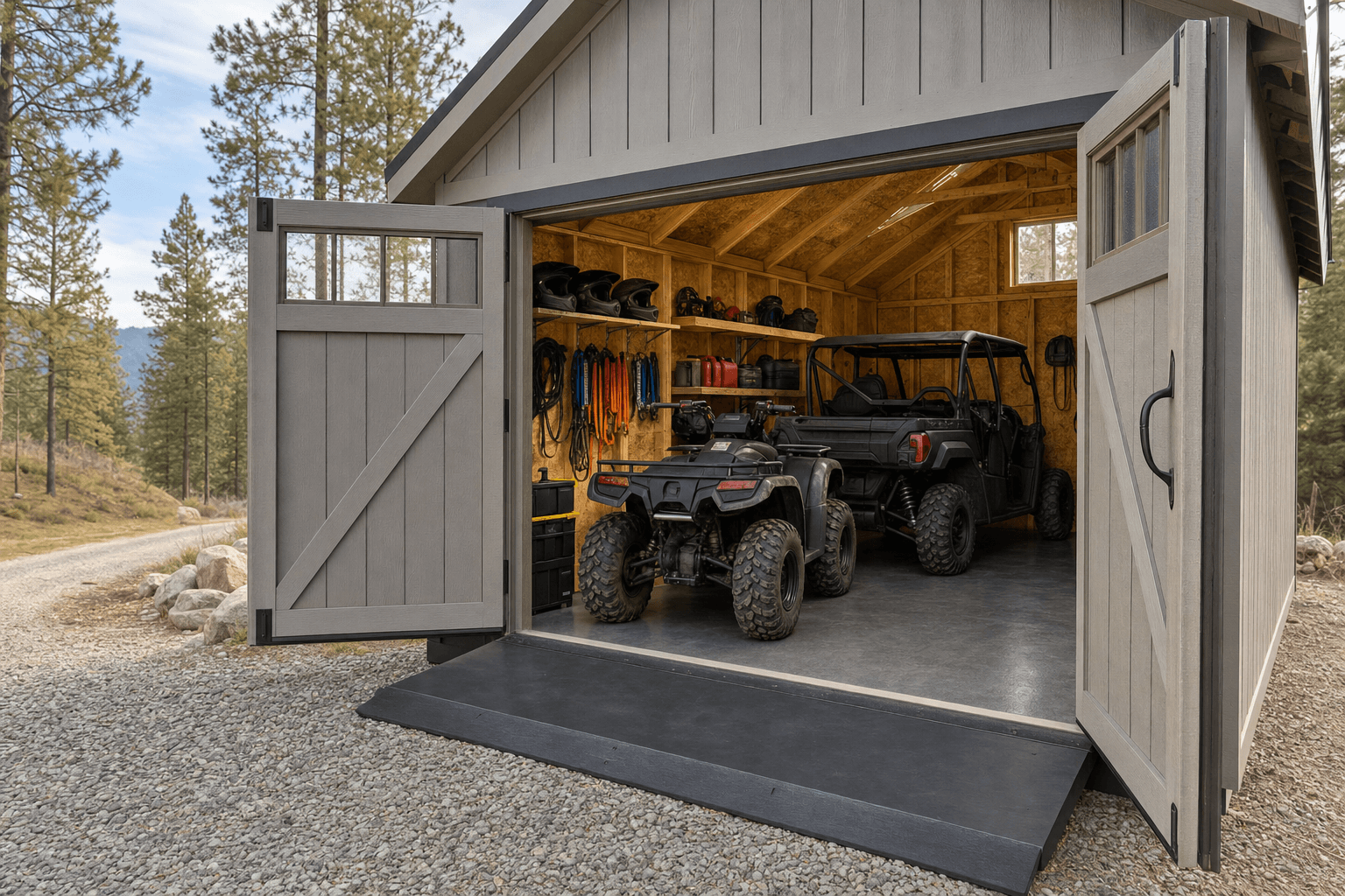 Open ATV and UTV shed with wide doors, gravel approach, low threshold, shelves, and organized trail gear