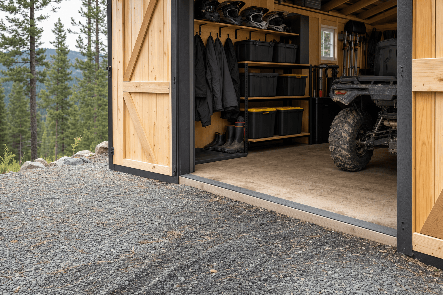 ATV shed threshold detail with gravel pad, ramp edge, wide door opening, and organized riding gear storage