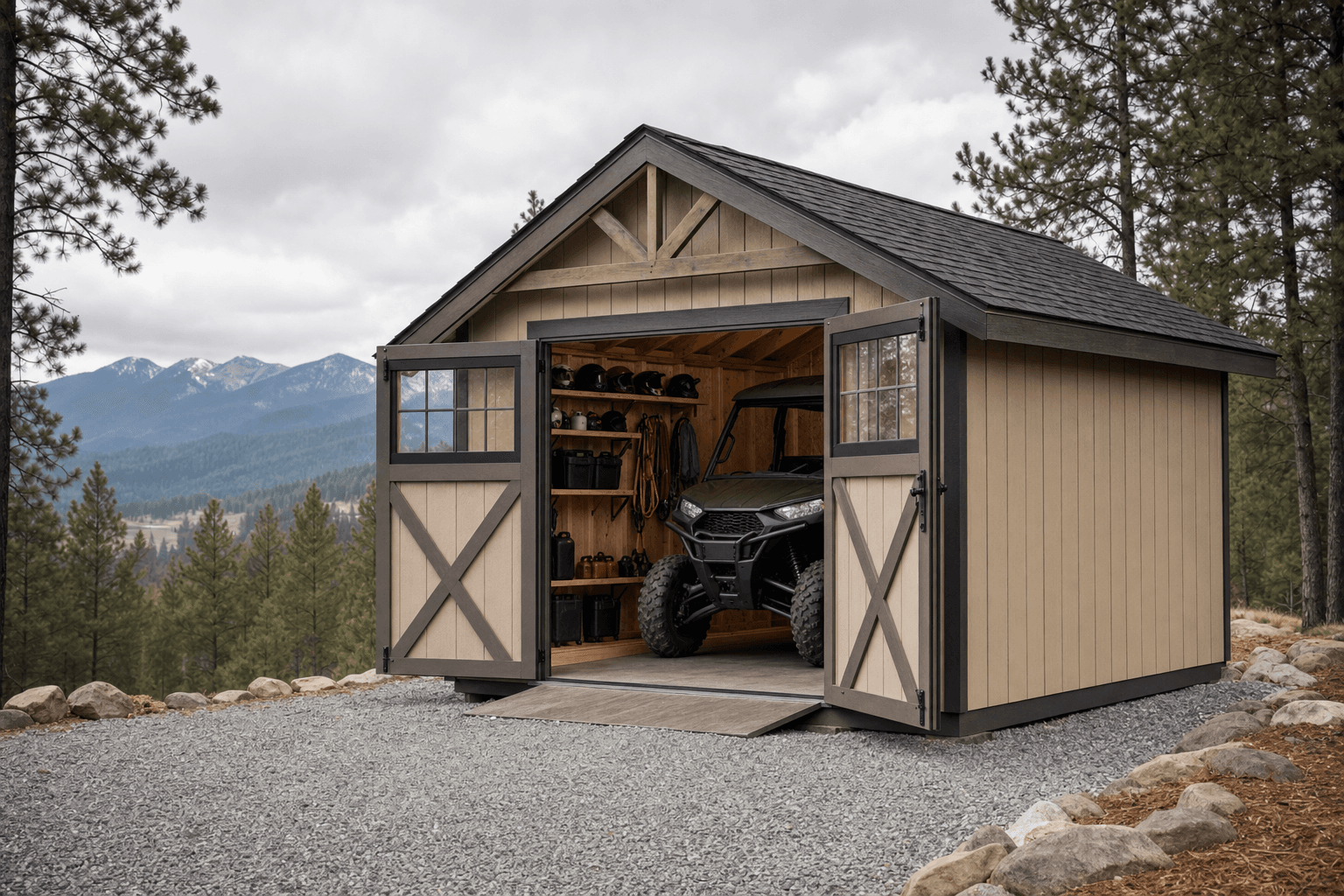 Luxe gable ATV and UTV storage shed on a gravel pad with wide double doors and pine trees in North Idaho