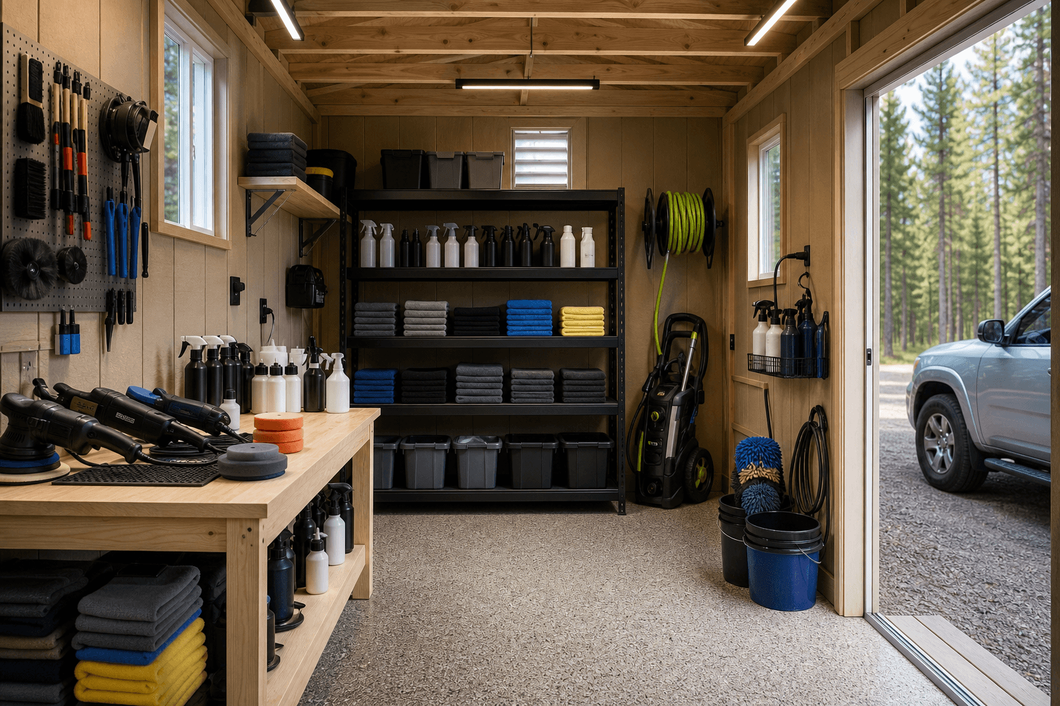 Auto detailing shed interior with blank bottles, folded towels, buckets, hose reel, polishers, pad storage, lighting, ventilation, and clear aisle.