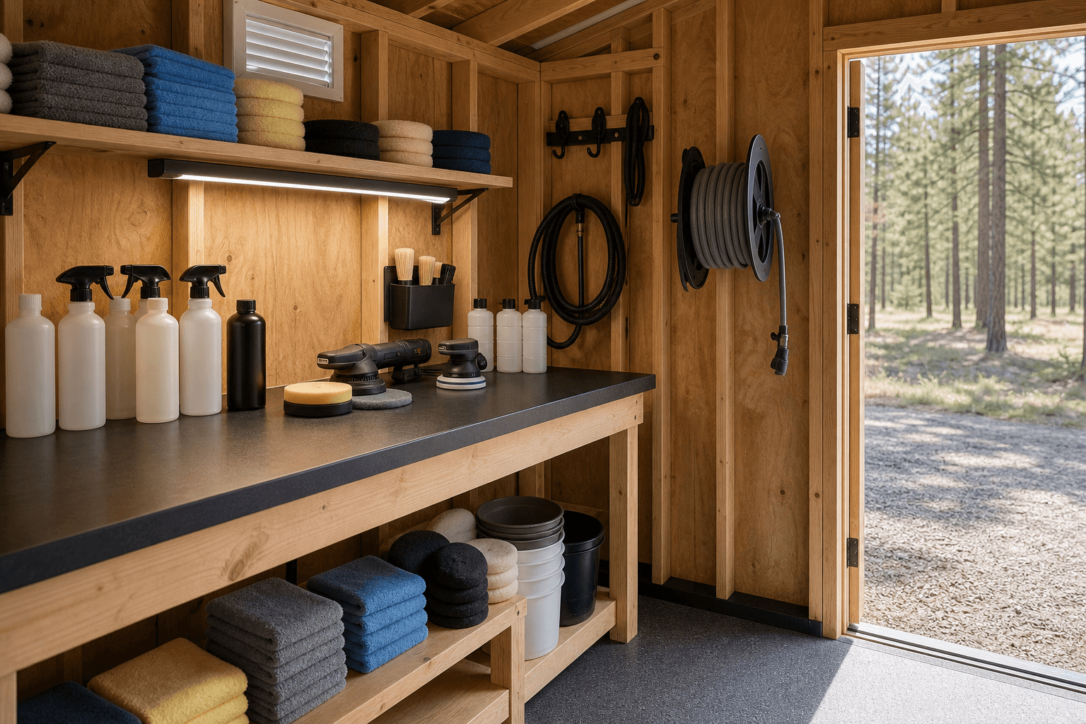 Auto detailing shed detail with blank bottles, folded towels, polishing pads, compact polishers, buckets, hose reel, task light, vent, and open threshold.
