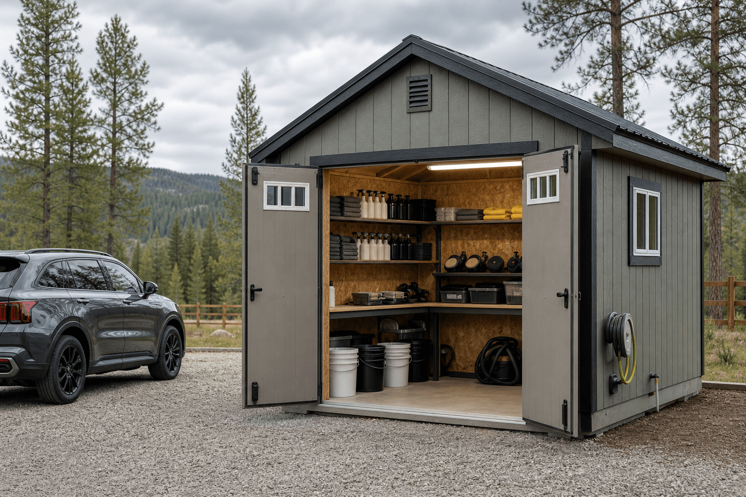 North Idaho auto detailing support shed with open doors, organized blank supplies, towels, buckets