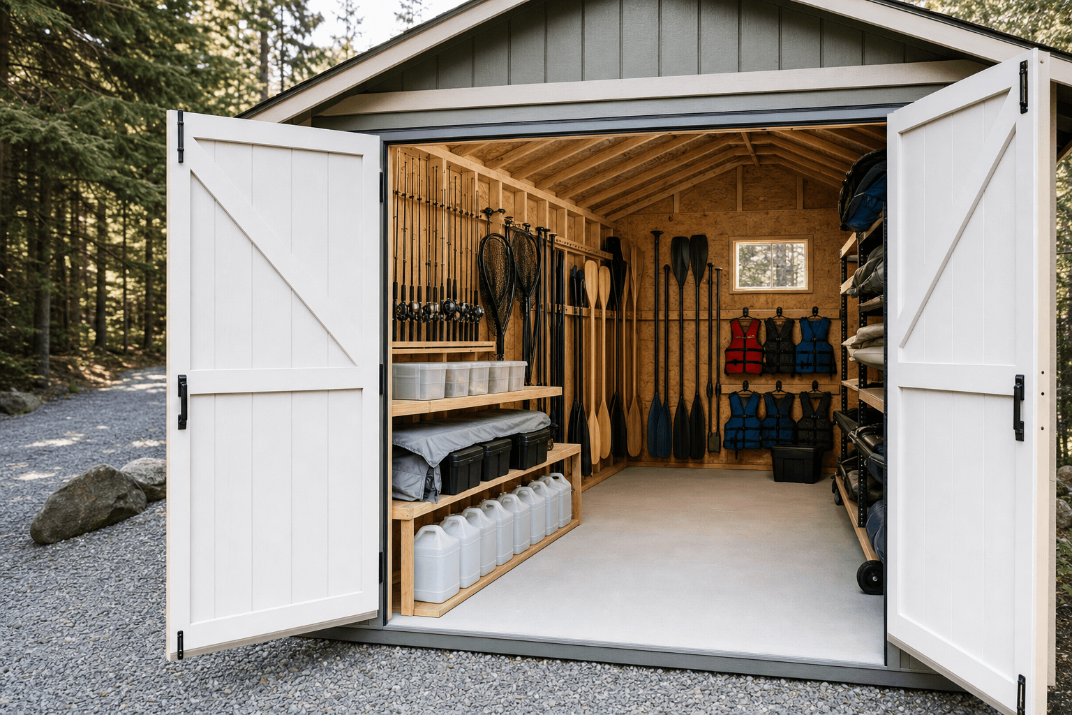 Open boat gear shed with shelves for fishing rods, life vests, oars, batteries, and dry storage bins