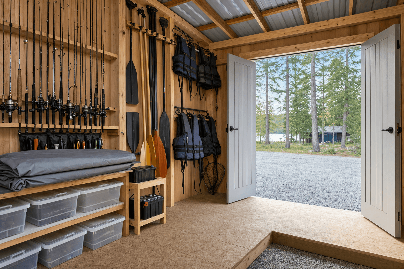 Boat gear shed detail with rod racks, blank tackle bins, dry floor clearance, and wide door access