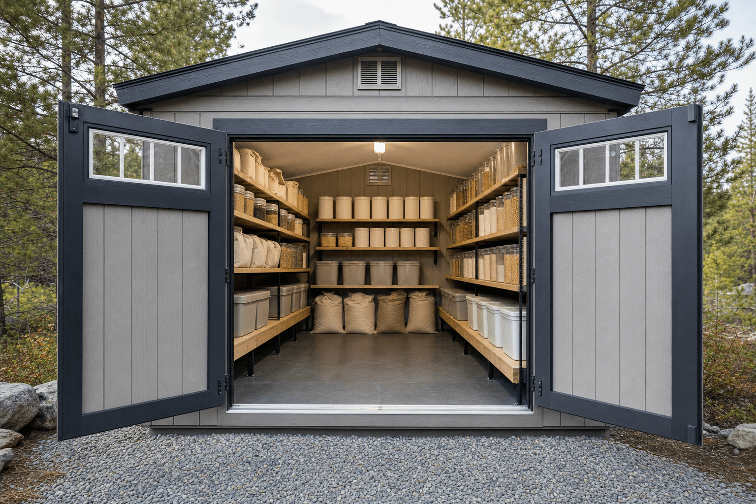 Open pantry storage shed with clear aisle, sturdy shelves, blank sealed bins, plain dry goods containers, ventilation, and raised floor clearance