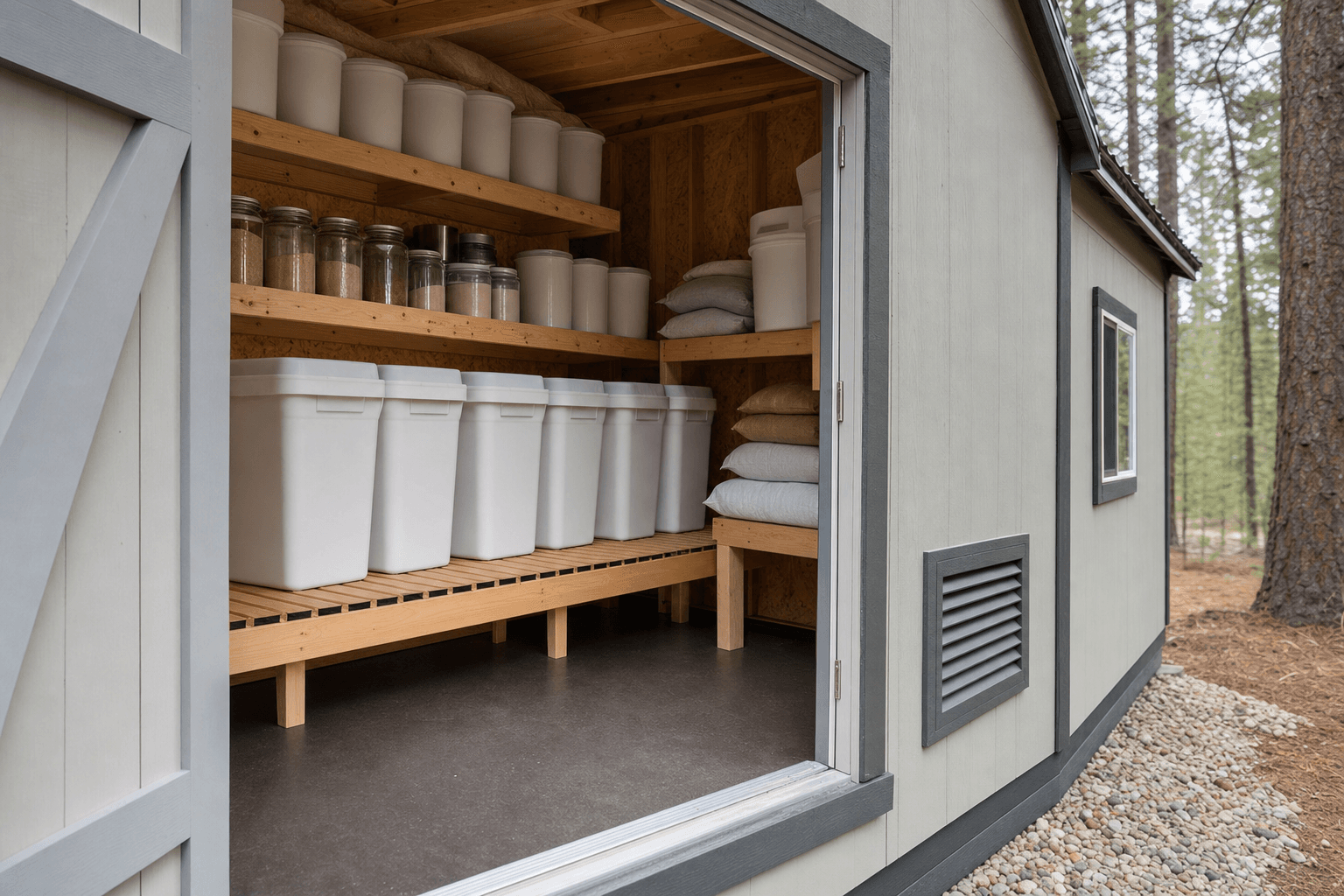Bulk food storage shed detail with raised shelves, blank sealed bins, plain containers, ventilation louver, durable floor, and clean inspection clearance