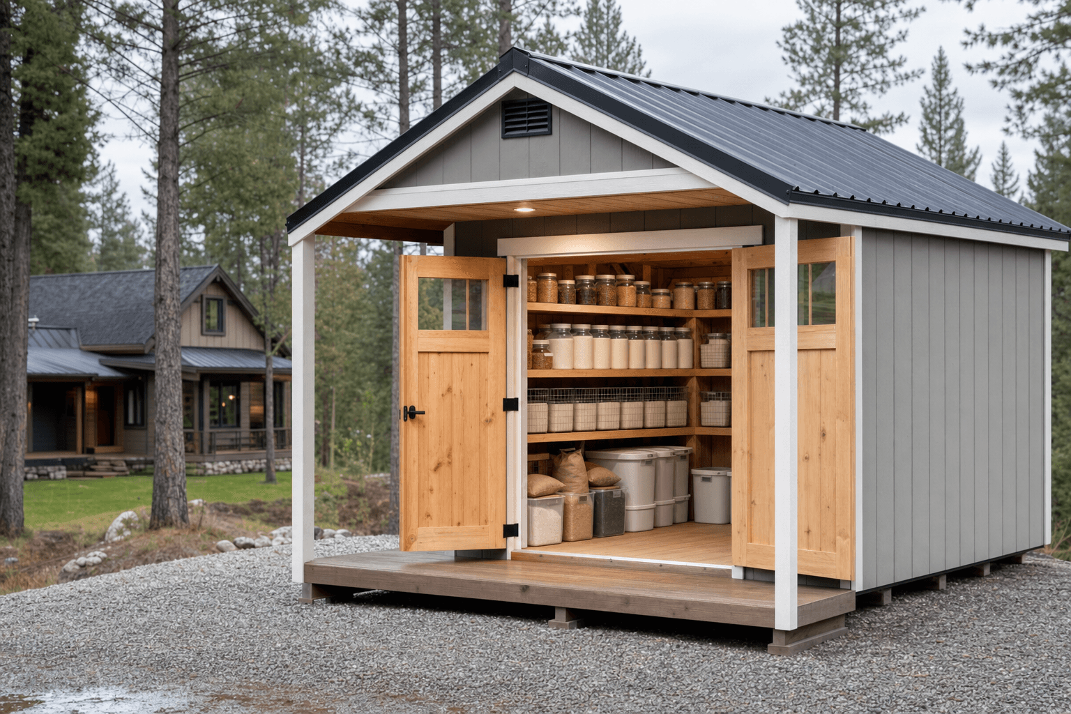 North Idaho bulk food storage shed with wide doors, raised floor, ventilation, shelves, blank bins, and dry weather-protected access