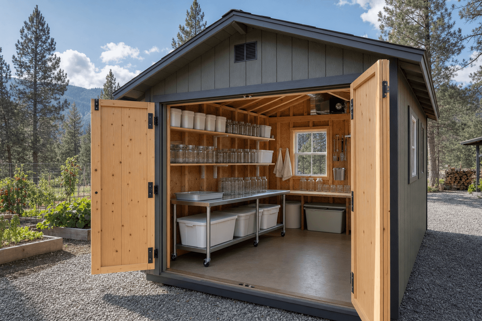 Open canning support shed interior with blank jars, raised shelves, washable prep table, ventilation, and clean access aisle