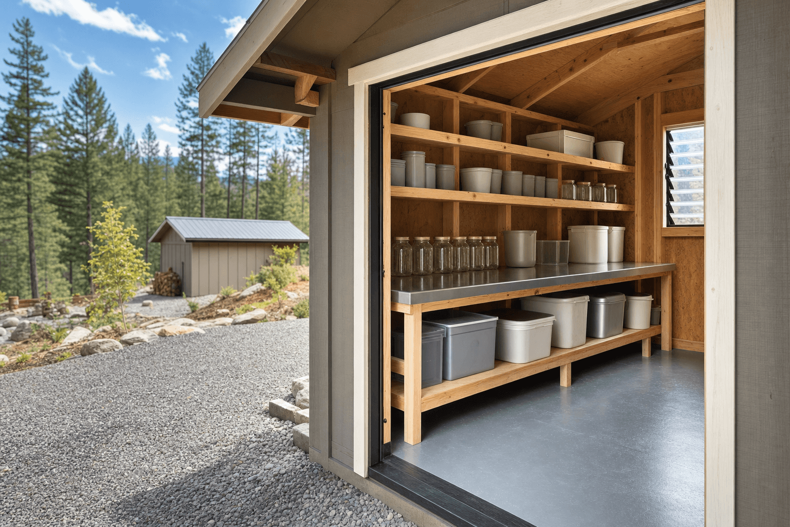 Canning support shed detail with washable work surface, blank jars, raised storage, ventilation, and durable threshold