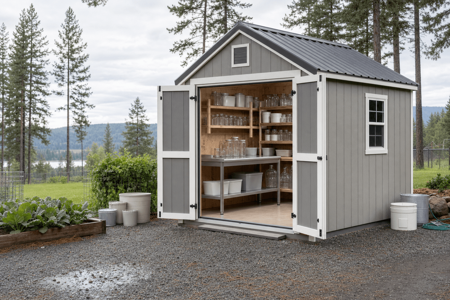 Luxe gable canning support shed with open double doors, blank jars, shelves, and washable work surface in North Idaho