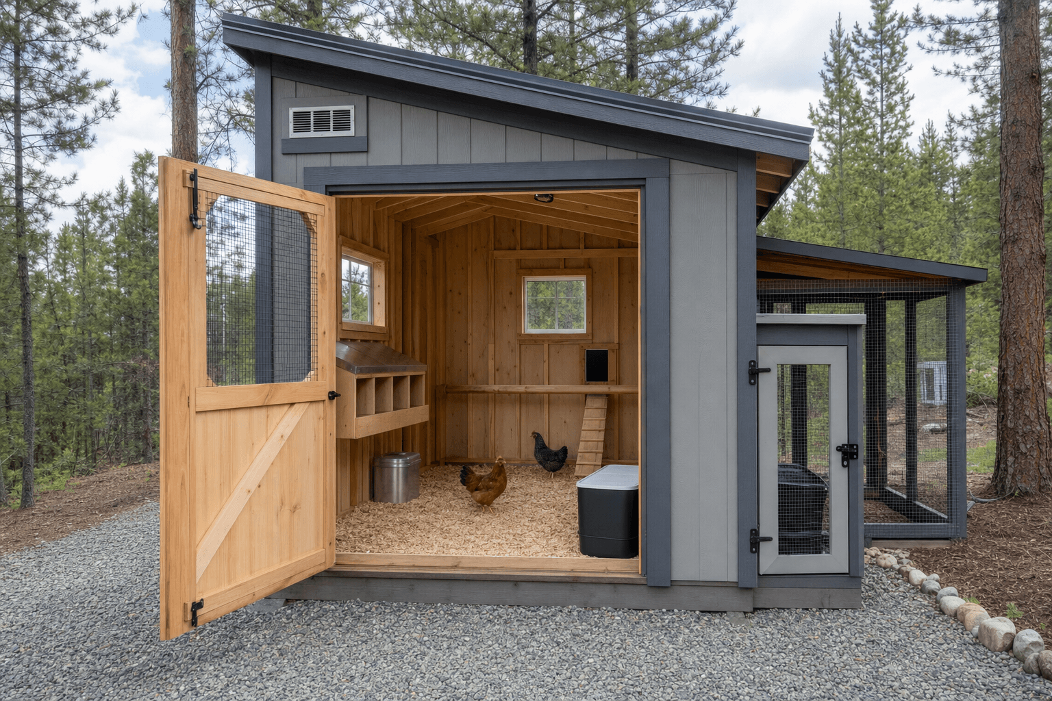Open shed-style chicken coop with clean bedding, nesting boxes, roost bar, screened ventilation, protected run access, and separated blank feed storage