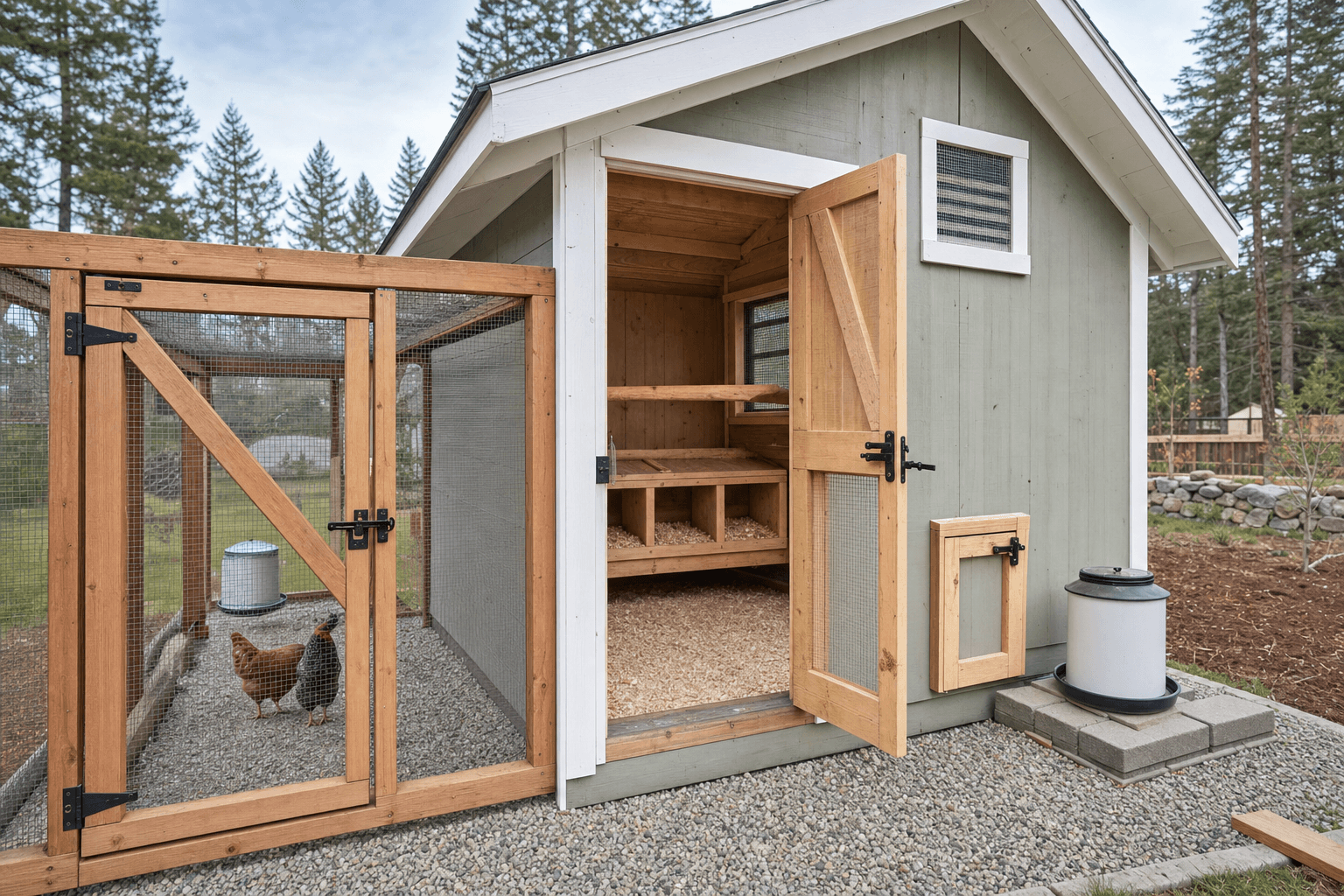 Chicken coop shed detail with nesting box, roost bar, screened vent, secure hardware cloth, pop door, clean bedding, and blank feed storage
