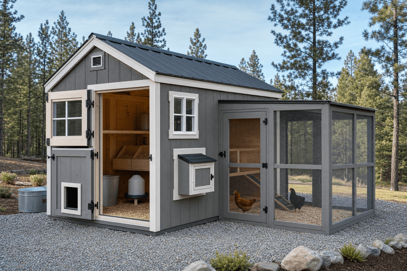 Buildable North Idaho shed-style chicken coop with nesting and roosting zones