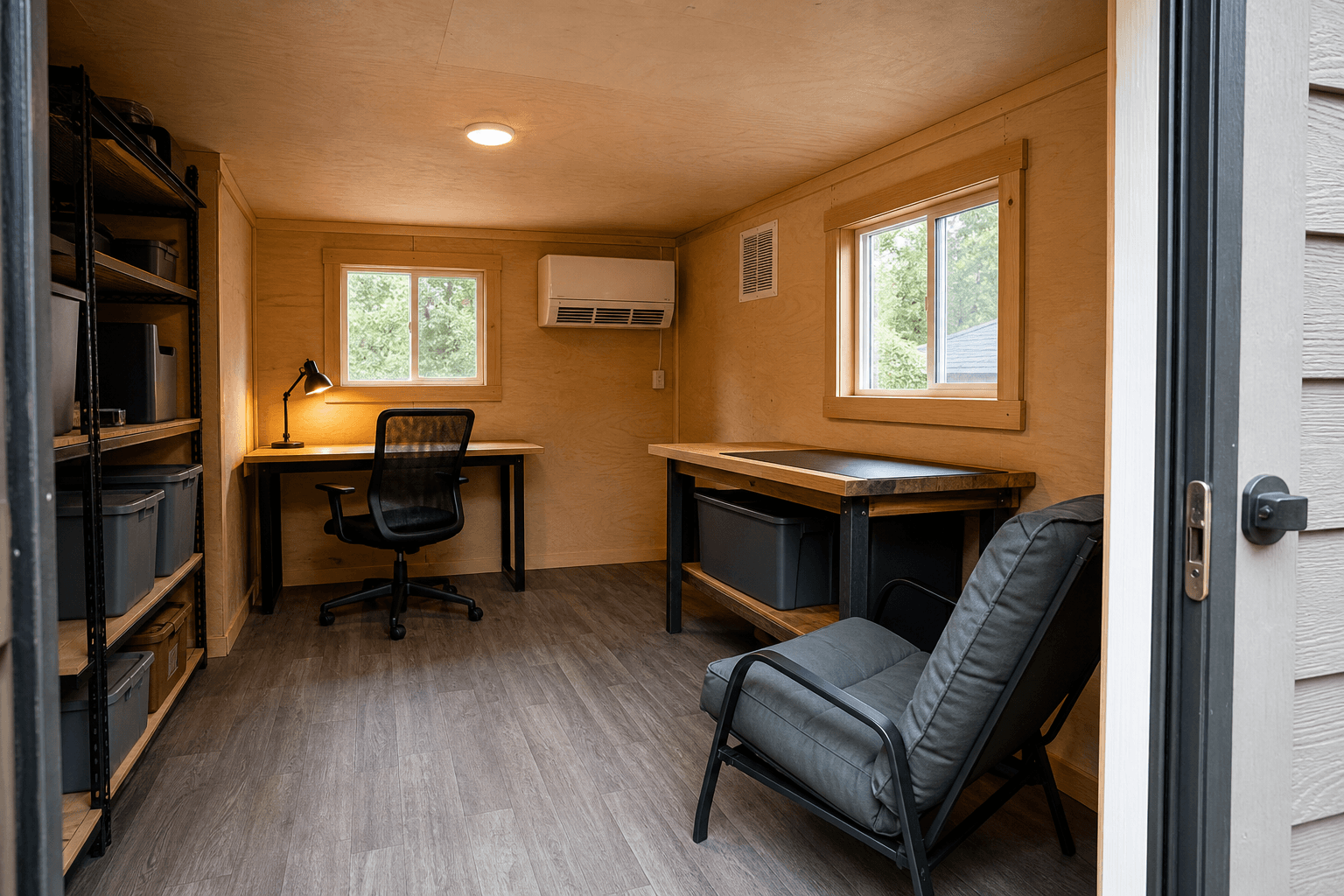 Clean-air shed interior with weatherstripped entry, compact filtration planning unit, vent cue, durable floor, work surface, blank storage bins, and calm workspace layout.