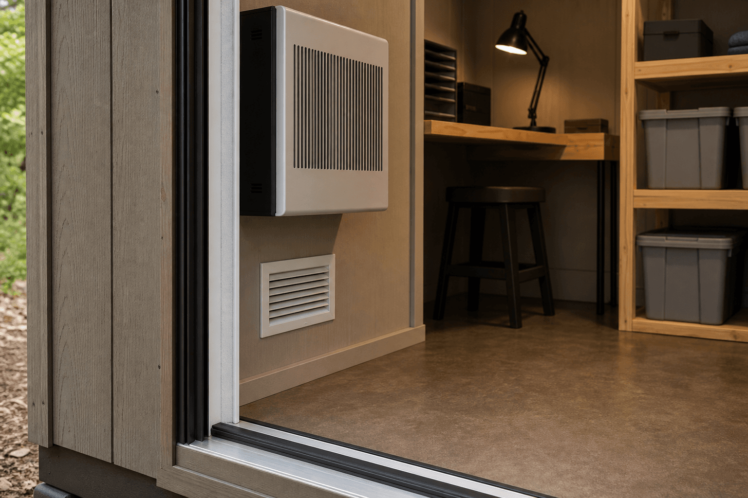 Clean-air shed detail with weatherstripped threshold, vent and filter planning cues, blank storage bins, task light, durable floor, and organized work surface.