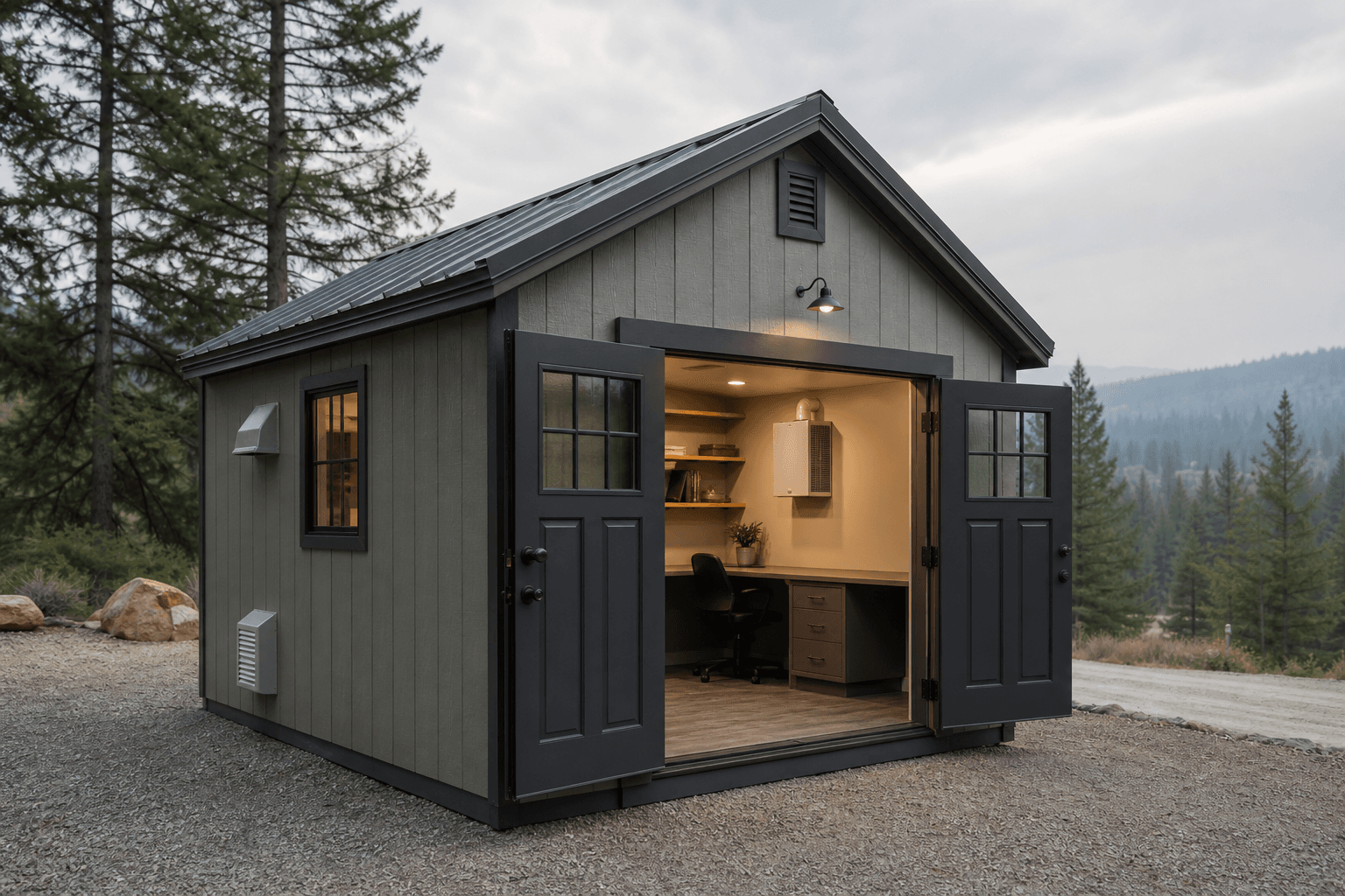 North Idaho clean-air shed with open doors, sealed entry planning, exterior vent cues