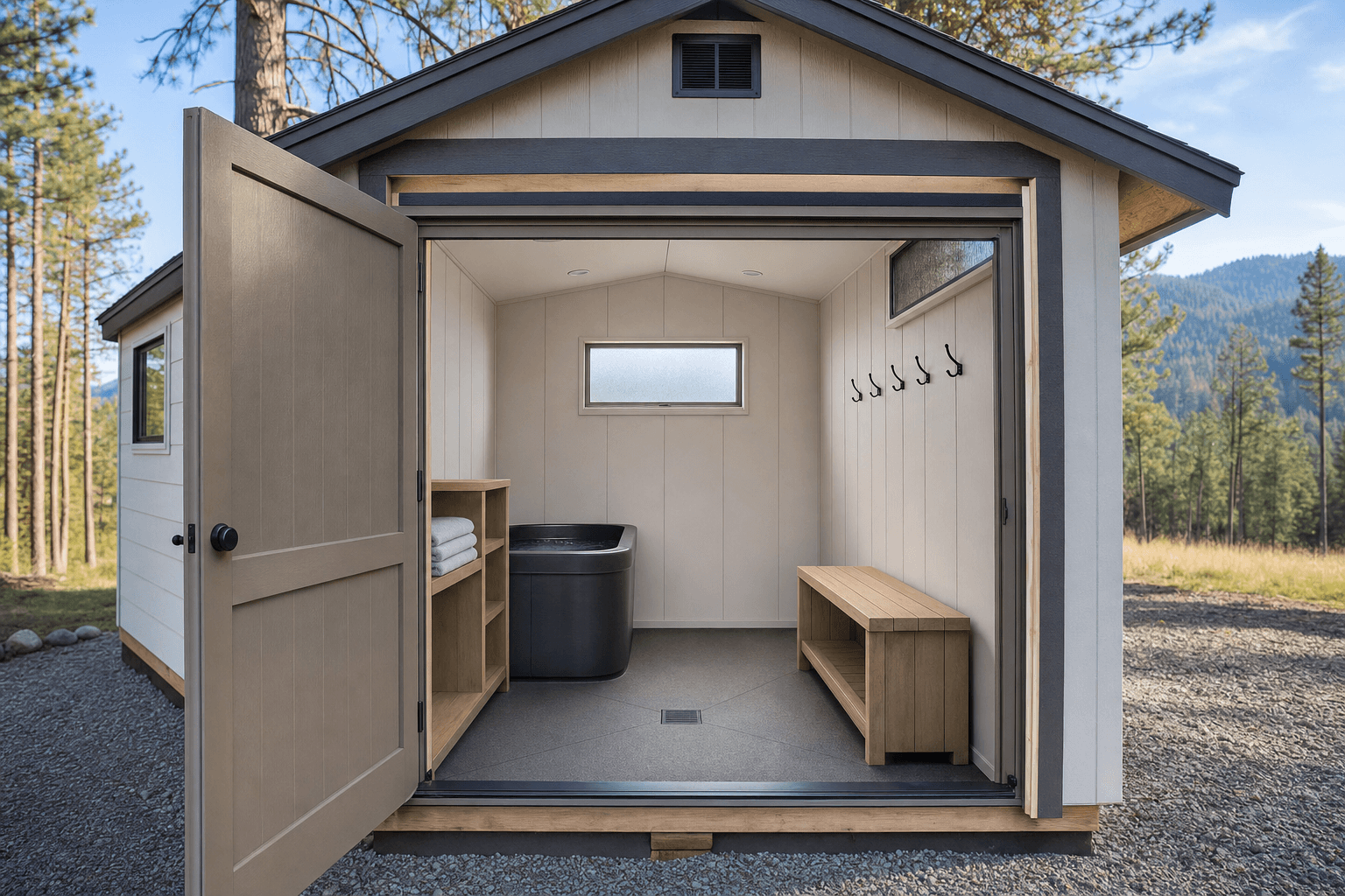 Cold plunge shed interior with small tub, changing bench, towel hooks, water-resistant surfaces, ventilation, privacy windows, and clear maintenance access