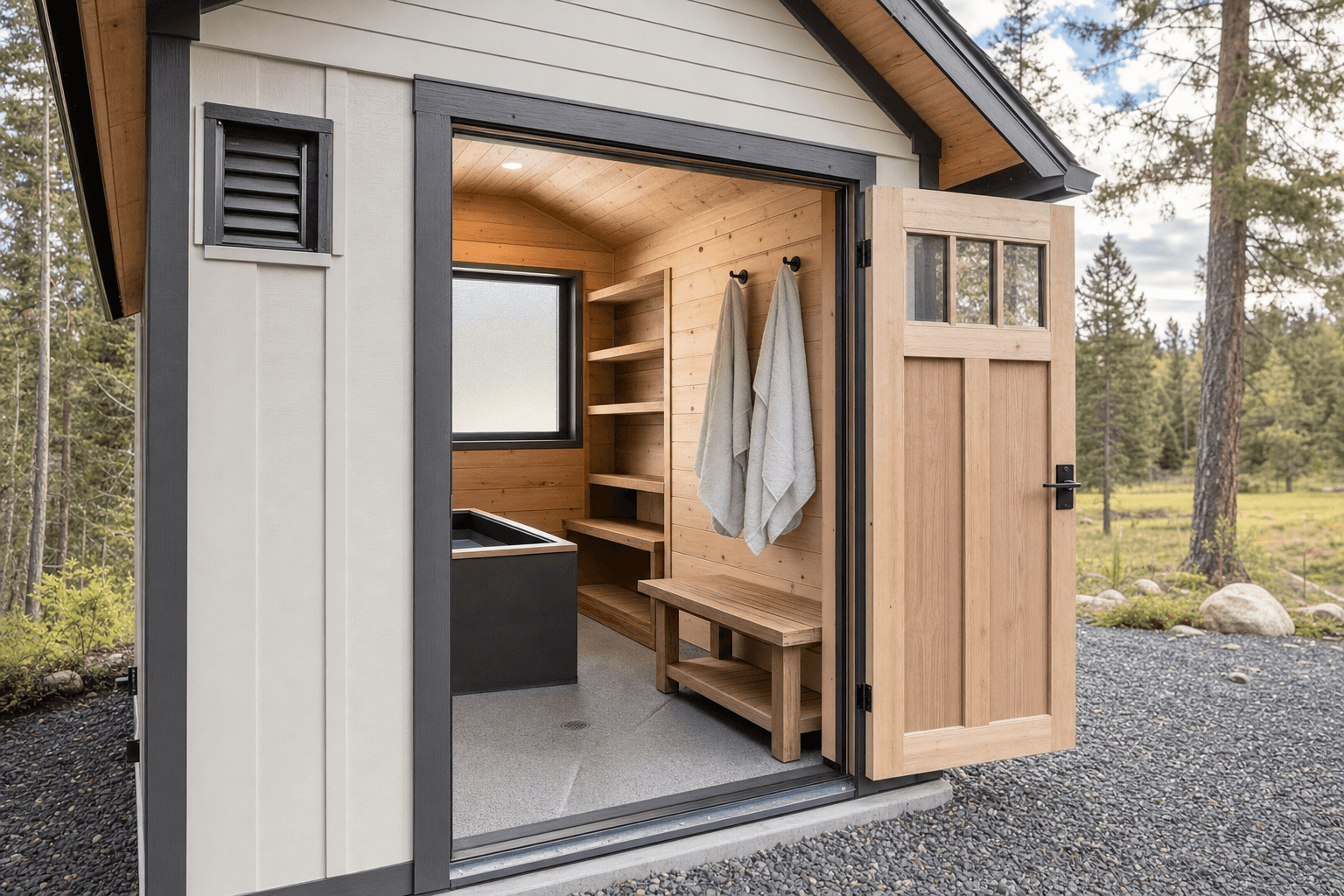 Cold plunge shed detail with tub access, bench, towel hooks, privacy glazing, durable flooring, ventilation, and drainage-aware layout