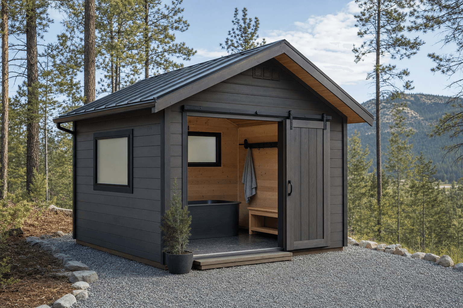 Premium buildable North Idaho cold plunge shed with privacy windows, small plunge tub