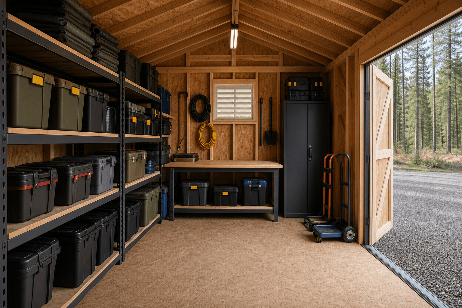 Interior of a long 16x32 shed with a vehicle up front, a workbench in the middle, and storage racking at the back