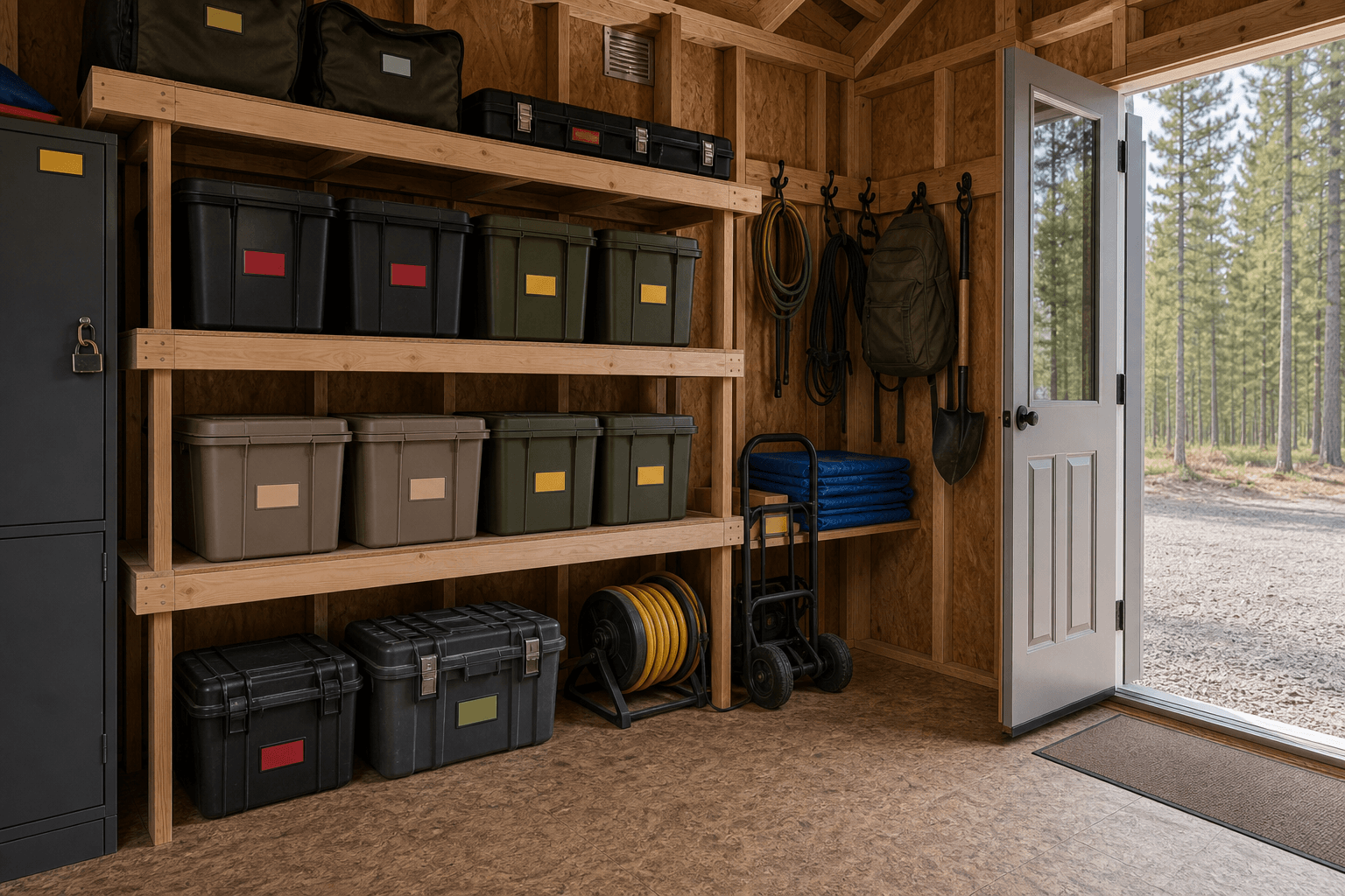 Commercial storage shed detail with blank bins, tool cases, folded tarps, lockable cabinet, hand cart, wall hooks, durable threshold, and gravel access.