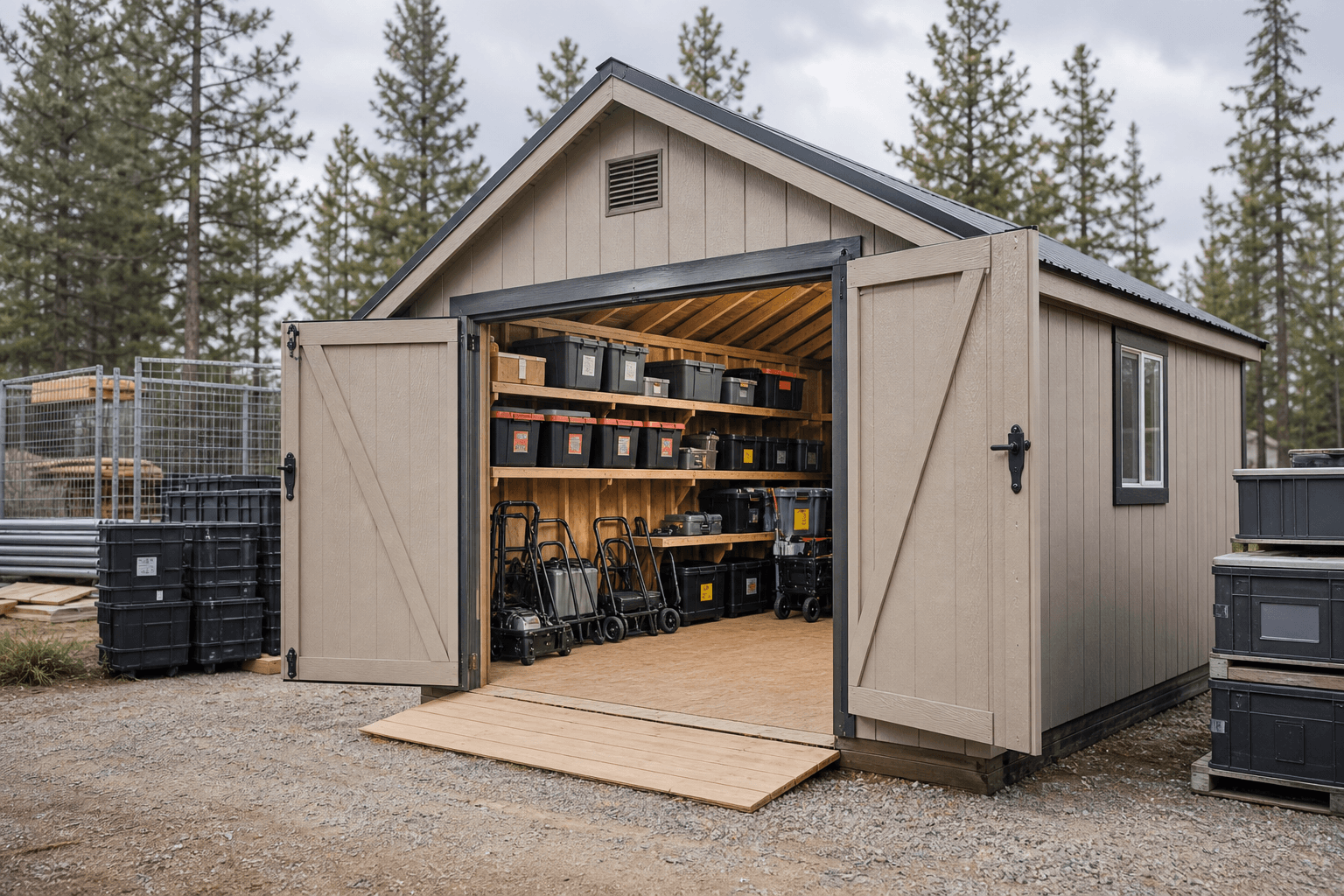 A long 16x32 gable garage shed with a wide overhead door and a man door on a concrete slab in North Idaho
