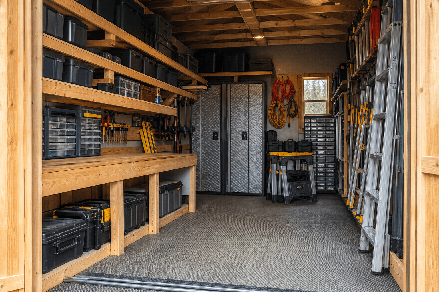 Contractor tool crib shed interior with shelves, blank bins, lockable cabinets, ladders, folded saw horses, extension cords, fastener storage, work surface, and clear aisle.
