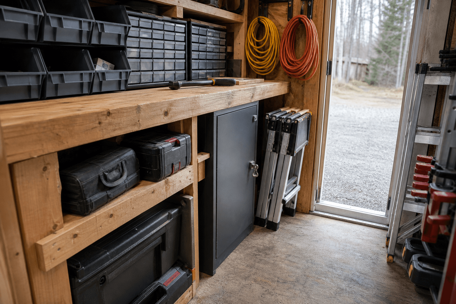 Contractor tool crib detail with workbench, blank bins, fastener drawers, coiled extension cords, lockable cabinet, saw horses, ladder, tool cases, and durable threshold.
