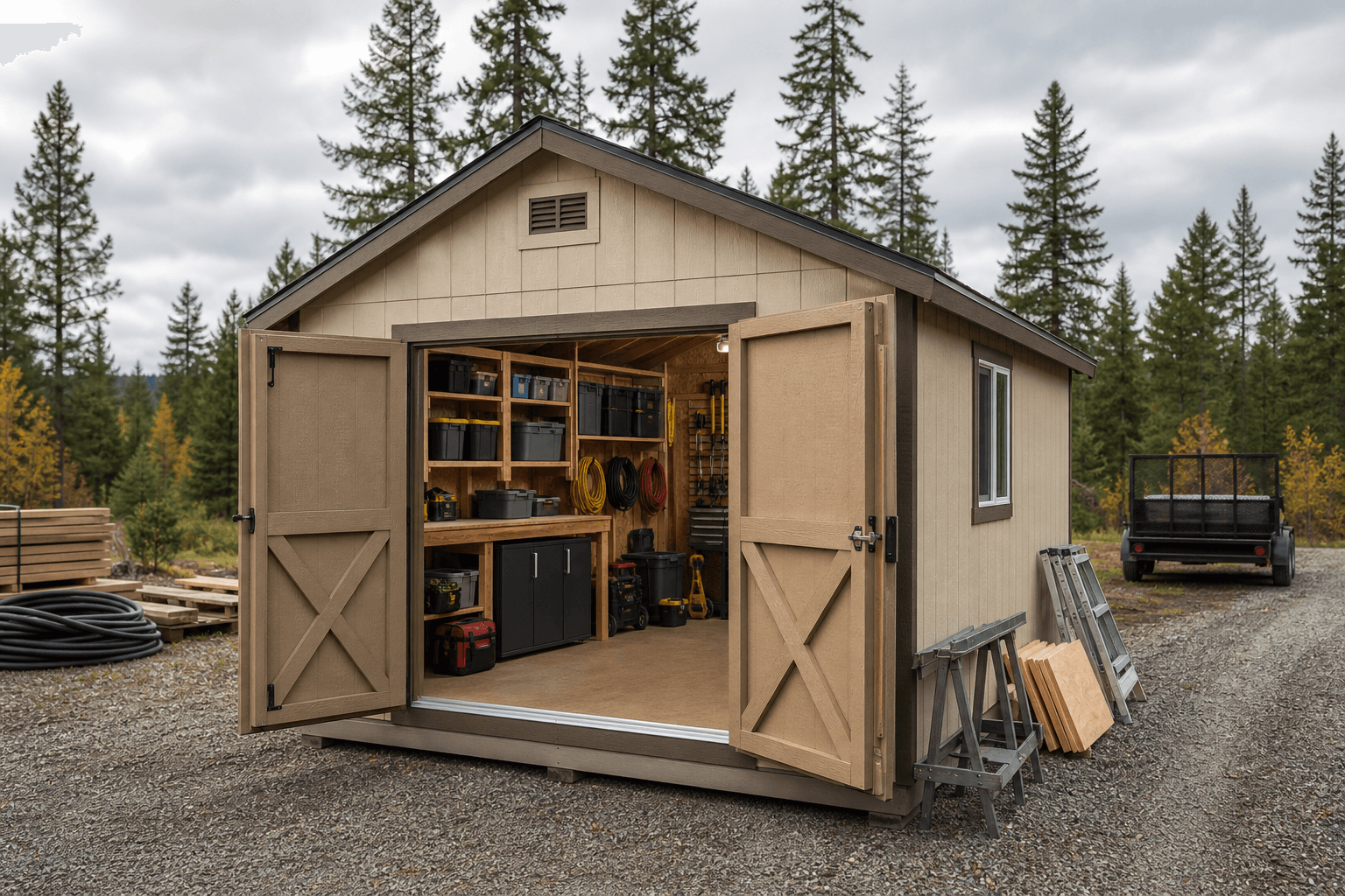 North Idaho contractor tool crib shed with open lockable doors, shelving, blank bins, cabinets