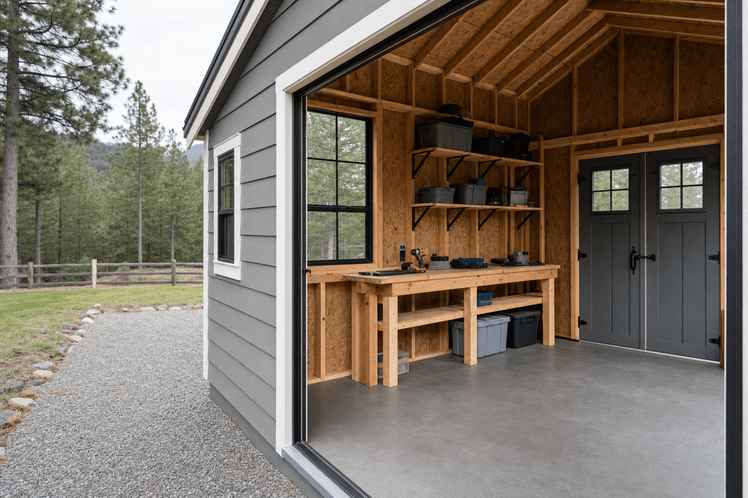 Custom shed detail with trim, window, workbench, shelves, and durable floor