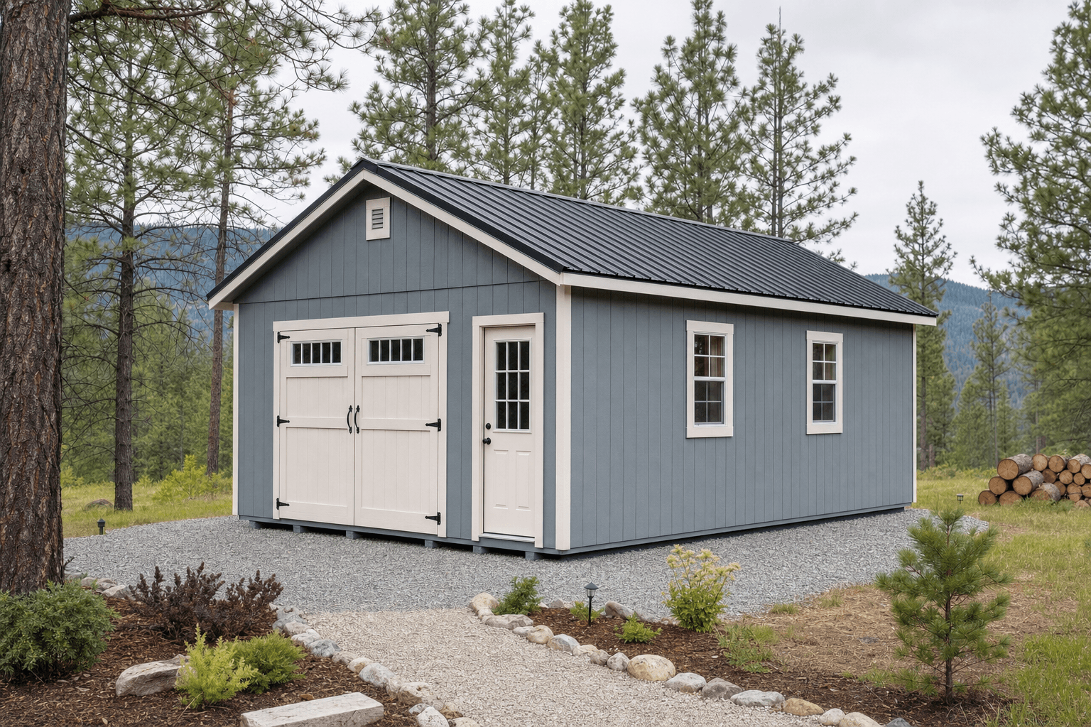 Custom gable shed with tailored doors and windows on a North Idaho gravel pad
