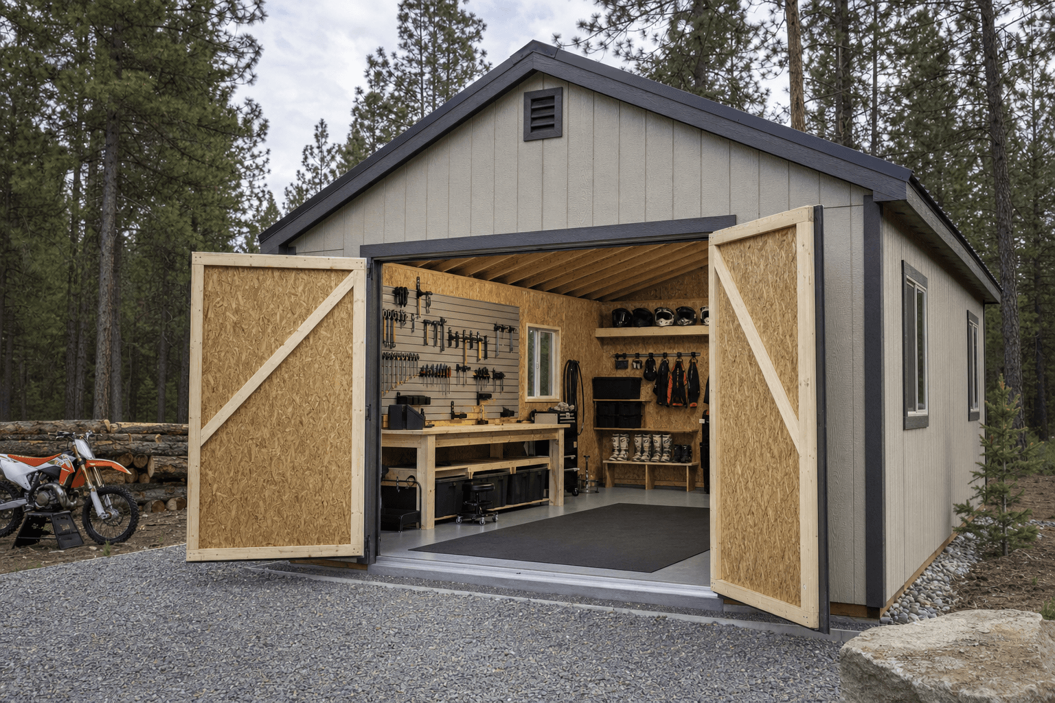 Open dirt bike moto shed with maintenance bench, helmet and boot shelves, tool storage, and wide access doors