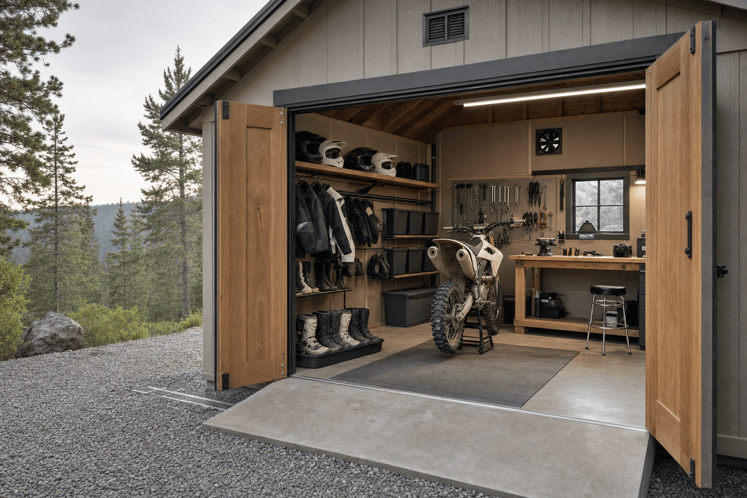Moto shed threshold and workbench detail with durable floor, helmet hooks, boot storage, ventilation, and blank tool bins