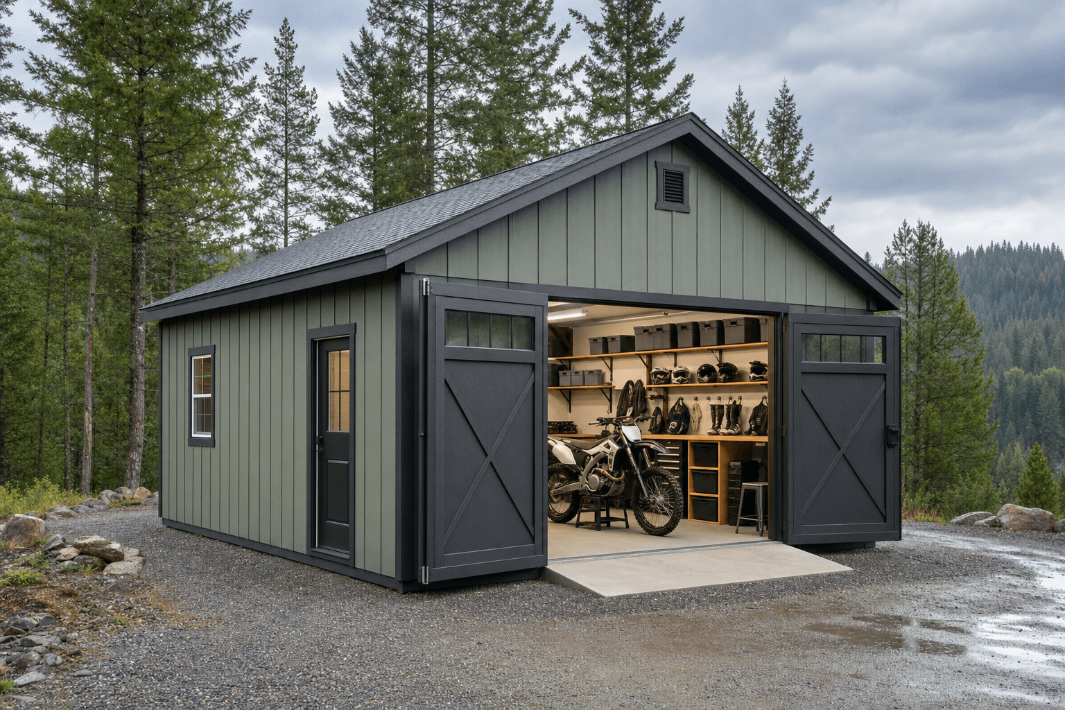 Luxe gable dirt bike moto workshop shed with wide doors, durable threshold, and organized gear storage in North Idaho
