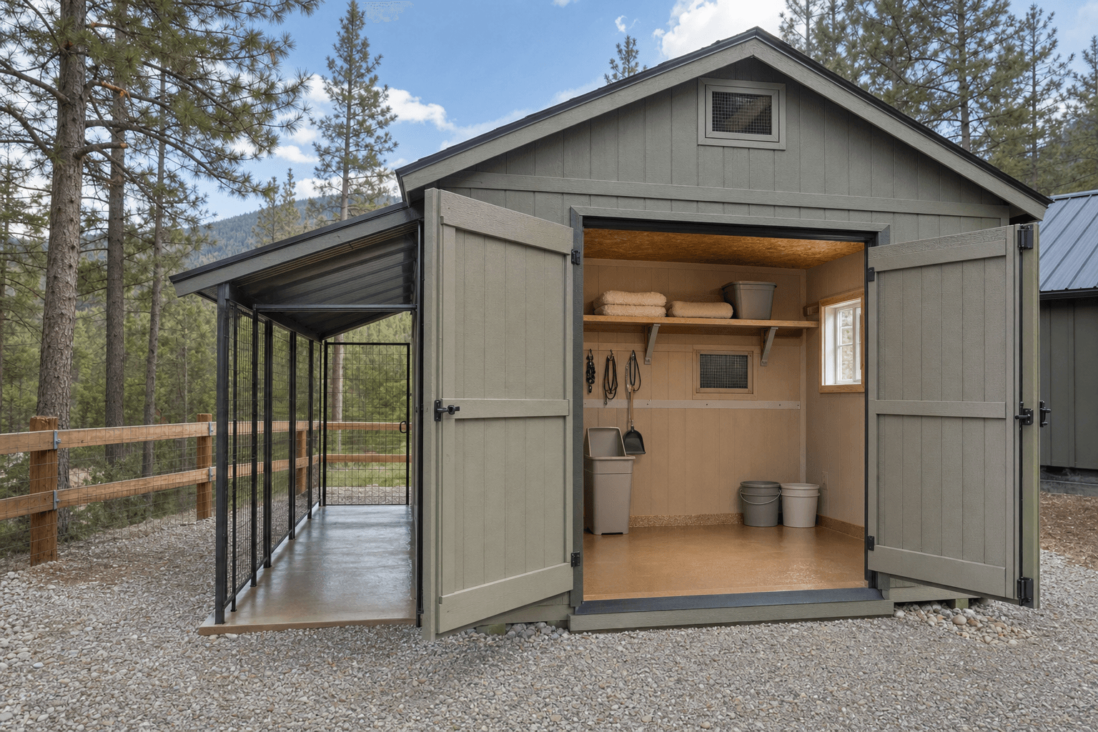 Open North Idaho dog kennel shed with covered run access, washable floor planning, blank feed and bedding storage, ventilation, and secure hardware